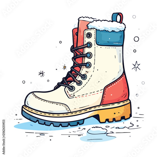 Cartoon illustration of a colorful winter boot with faux fur lining.