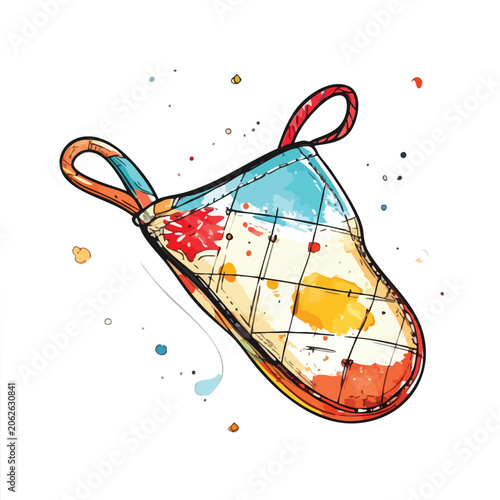 Watercolor illustration of a quilted kitchen oven mitt.