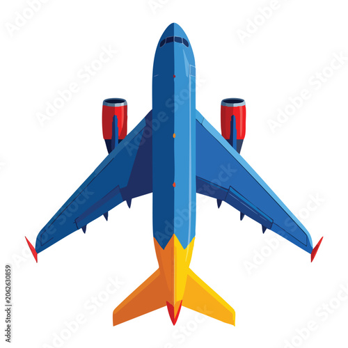 Top view of a modern commercial airplane with colorful blue and yellow design.