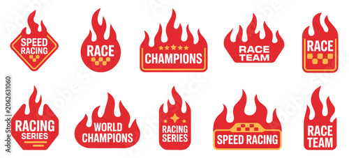 Racing flame badges, powerful speed graphics and championship symbols designed for motorsport branding and competition themes.