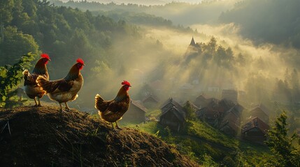 Three hens sunrise hilltop village mist
