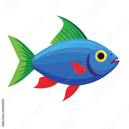 Colorful cartoon fish illustration with blue body and green fins.