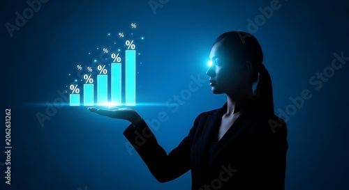 Businesswoman holding glowing bar chart with percentage symbols, representing financial growth and success.