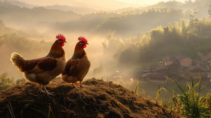 Roosters on a hilltop at sunrise over misty valley.  Possible stock photo use Nature, wildlife, rural scene, morning
