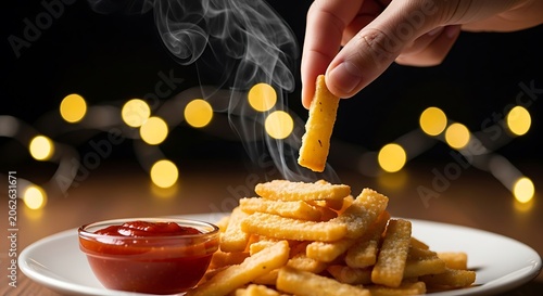 Hand dipping hot crispy french fry into ketchup with bokeh lights in a cozy setting.