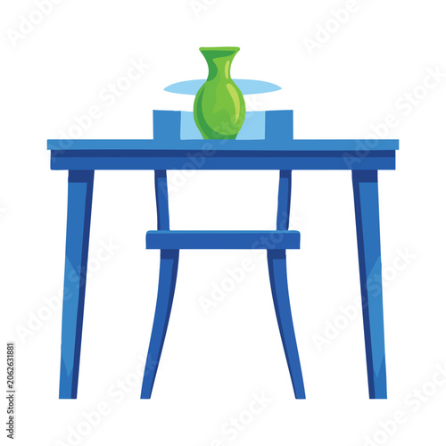 A stylized blue wooden table and chair set with a green vase on top.