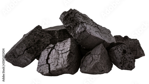 Quadro su tela Pile of rough dark charcoal chunks with porous texture