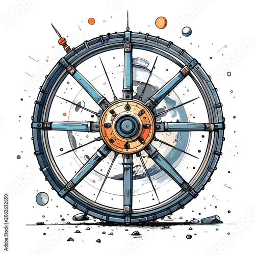 A detailed illustration of a futuristic space station wheel design.