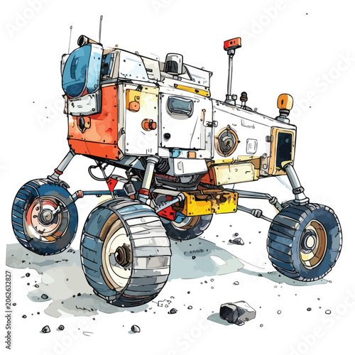 Watercolor illustration of a futuristic lunar exploration rover robot.