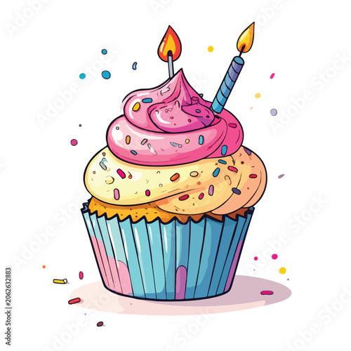 Colorful hand drawn birthday cupcake with lit candles.