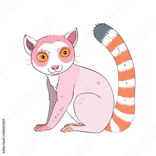 Cute cartoon lemur with pink fur and striped tail illustration.