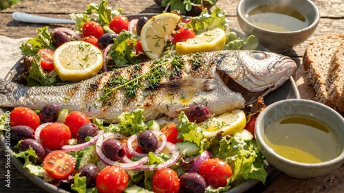 Grilled fish salad lemon olive tomato herb healthy Mediterranean lunch rustic table savory meal joyfully served grilled fish salad