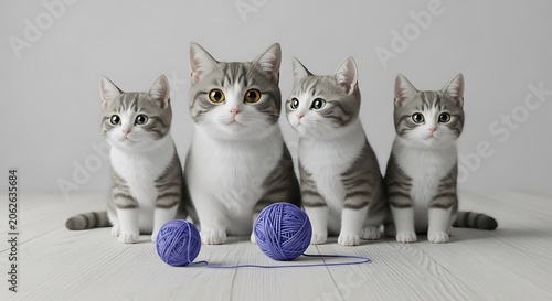 Four adorable tabby kittens with blue yarn balls on a white background.