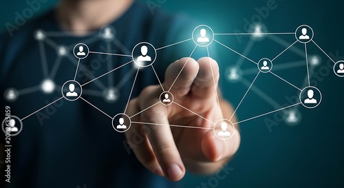 Businessman Touching Digital Network Interface with Glowing Connections and User Icons.
