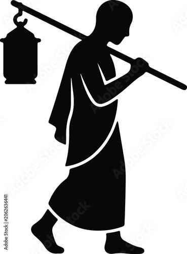 Tableau sur toile Silhouette vector of a monk carrying a traditional lantern design