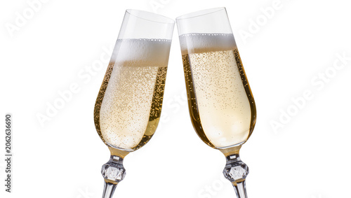 Canvas Print Two champagne flutes clinking with sparkling wine and bubbles
