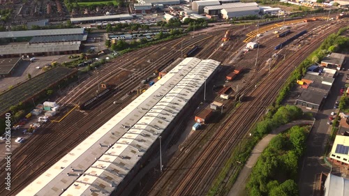 Newcastle upon Tyne UK: 25th May 2026: Drone footage captures Heaton Train Depot activity on a sunny morning with trains and tracks in view