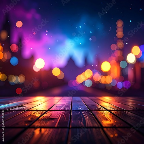 Colorful city lights on wooden stage.