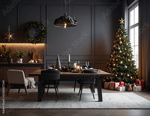 Cozy Christmas Dining Room Interior Decor.