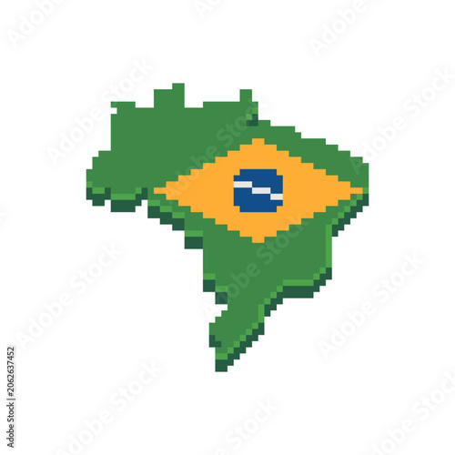 Pixel Art Brazil Map Icon, Retro Brazilian Country Silhouette national flag colors, geographic sign for games, educational materials, travel apps and world map projects.