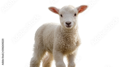 Valokuva Young white fluffy lamb standing and looking forward