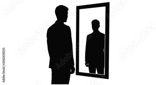 Bilde på lerret Silhouette of a man gazing at his reflection in a framed mirror
