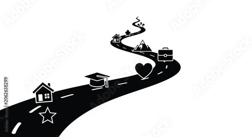 Foto A winding road represents life s journey with milestones along the way