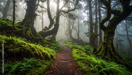 Breathtaking Fantasy Forest Landscape with Mysterious Pathways, Ethereal Mist, and Ancient Trees in a Magical Environment