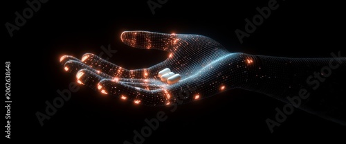 A robot hand with glowing digital lines, reaching out towards the camera on a black background. The holographic palm is illuminated 