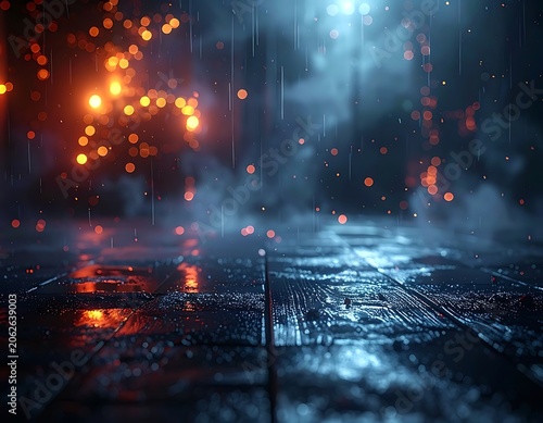 Dark city street with glowing lights.