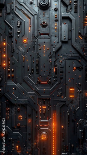 Dark circuit board with orange lights.