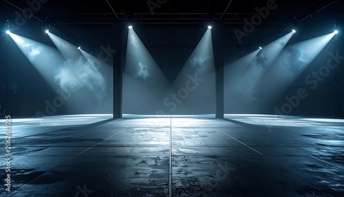 Dark empty stage with spotlights shining.
