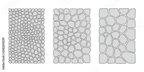 Cobblestone patterns, street pavement and park road textures with stone mosaic surfaces for architectural design projects.