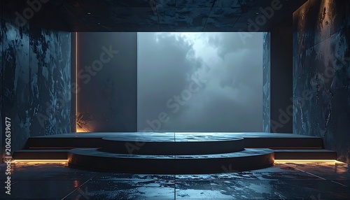 Dark room with a large screen.