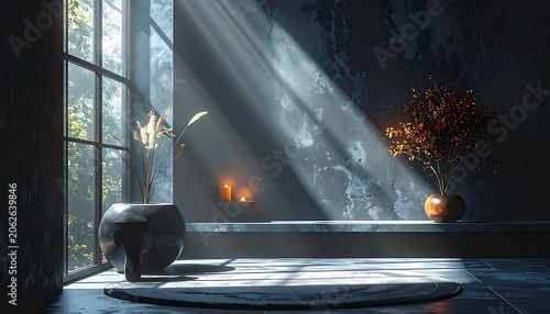 Dark room with sunlit window sill.