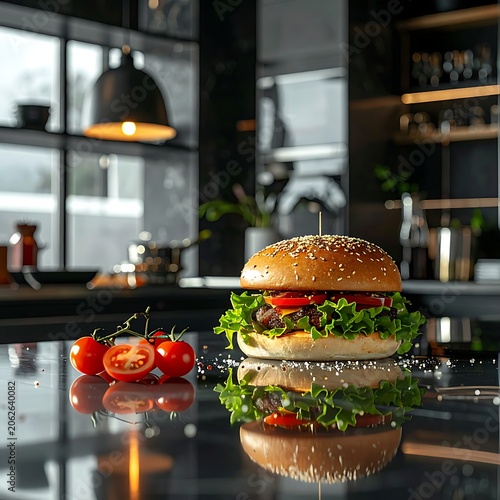 Delicious burger with fresh ingredients displayed.