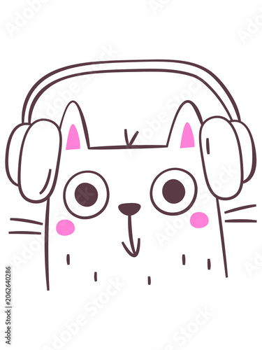 Pink Cat Character Listening to Music