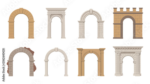 Foto Decorative stone and classical archway vector designs, ornate architectural structures for heritage, landscape and construction projects