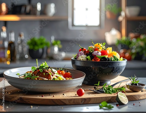 Delicious homemade salad bowls on wooden board.