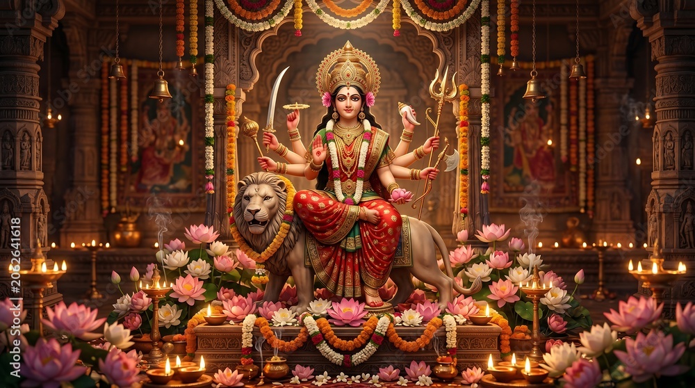 Fototapeta premium Goddess Durga idol in golden temple setting with flowers.