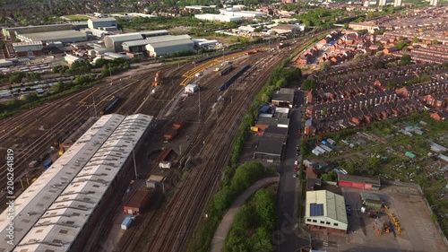 Newcastle upon Tyne UK: 25th May 2026: Drone footage captures Heaton Train Depot activity on a sunny morning with trains and tracks in view