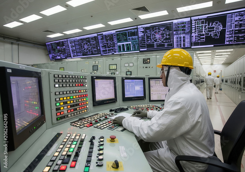 A young adult male technician in white protective gear and a yellow helmet monitors a complex industrial control room console