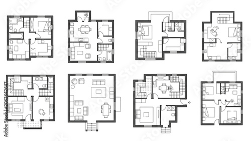 Cuadro en lienzo Eight 2D AutoCAD Vector floor plans showcase various apartment layouts