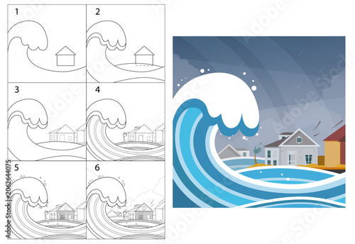 Step-by-step instructions on how to draw a flood. Tsunami, natural disaster, tropical storm. Drawing lesson for beginners.
