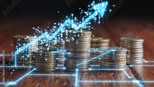 Digital coin stack technology finance investment growth network, saving money finance investment budget, modern digital currency finance investment