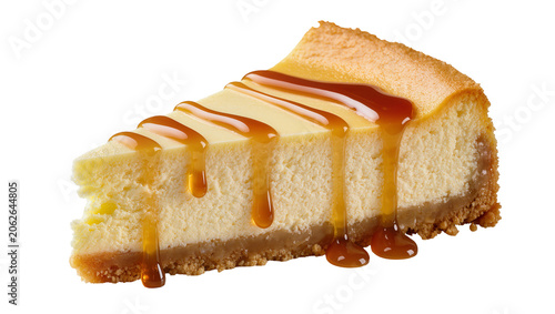 Fotografie Creamy cheesecake slice with caramel sauce drizzle