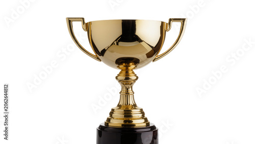 Golden trophy cup with handles on dark base