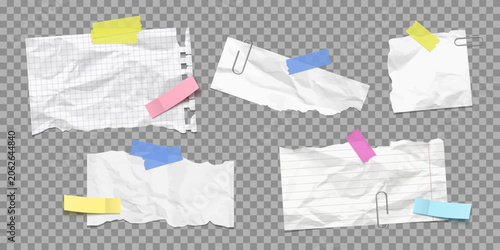 Bild auf Leinwand Vector trendy realistic crumpled paper, paper clip and adhesive tape for collage