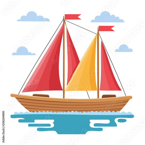 Flat design sailboat icon with red and yellow sails