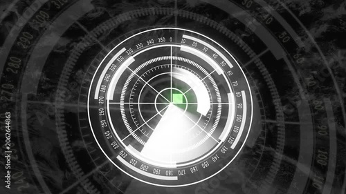 Weather radar interface with green glowing target and transparent map overlay background. Radar Screen Overlayed on a Weather Map with a Green Target display technology.